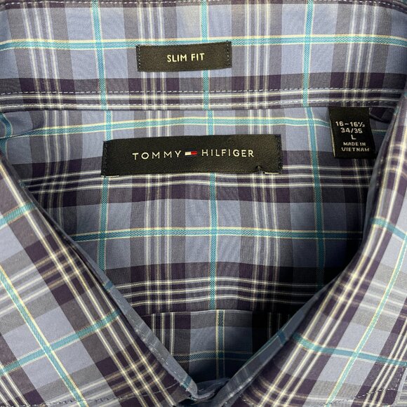 Men's TOMMY HILFIGER Slim Fit Blue Plaid Button-down Dress Shirt-‎ Size L - Picture 3 of 10